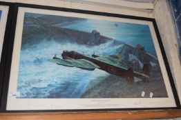 Anthony Saunders, Low Pass over the Mohen Dam, coloured print, No 6 of 425, bearing several pencil