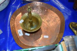 Copper serving tray together with a small brass pestle and mortar