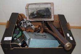 Box of various assorted toy cars, cameras etc