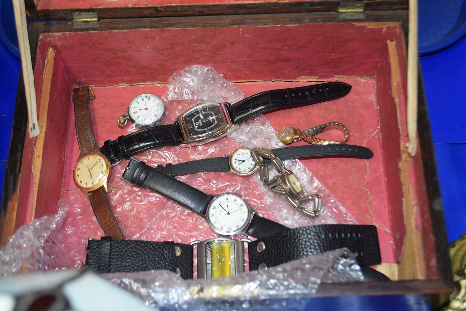 Inlaid jewellery box containing assorted wristwatches