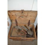 Wooden box of assorted workshop tools