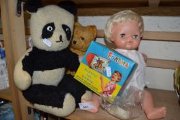 Quantity of children's toys to include a doll, toy panda, teddy bear and plastic toy viewer