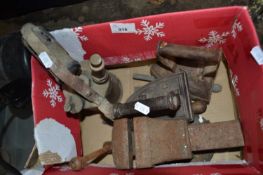 Mixed Lot: Metal irons, vice, hand held gas lamp etc