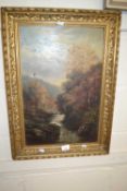 Mountainous river, oil on canvas in decorative ivy moulded gilt frame