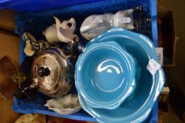 Mid 20th Century blue Pyrex glass dishes together with EPNS teapot and other ceramics