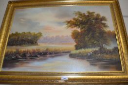 Children fishing on a river by K Hammond, oil on canvas, gilt frame