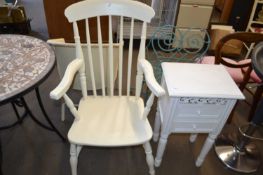 Cream painted pine kitchen chair together with a cream painted two drawer bedside cabinet