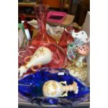 Quantity of mixed glass ware and ceramics to include a pink glass bottle vase and another similar