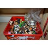 Box of assorted plastic toy animals