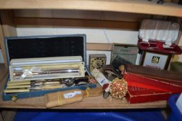 Mixed Lot: Assorted flat ware, clock, cribbage set, dominoes and other items