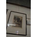 Coloured engraving of sheep on a street by M C Robinson, framed and glazed