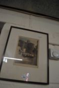 Coloured engraving of sheep on a street by M C Robinson, framed and glazed
