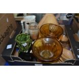 Mixed Lot: Sylvac spill vase, pair of amber glass rose bowls etc