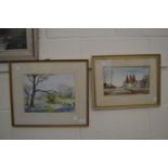 View of a field and trees, indistinctly signed, watercolour together with watercolour of oast