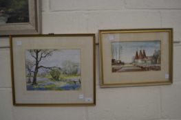 View of a field and trees, indistinctly signed, watercolour together with watercolour of oast