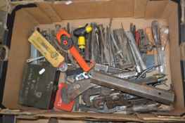 Quantity of assorted metal hand tools to include wrenches, vices etc