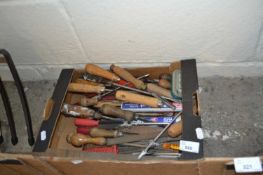 Box of assorted hand tools to include chisels, screwdrivers etc