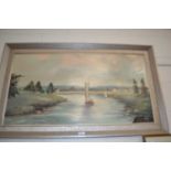 Boats on a river by J Booth, oil on board,framed