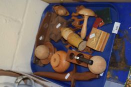 Tray of various assorted wooden ornaments, pipe stand etc