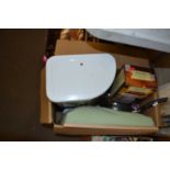 Assorted kitchen wares to include bread bin, kitchen scales, pans etc