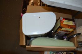 Assorted kitchen wares to include bread bin, kitchen scales, pans etc