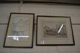 Two framed pencil and watercolour sketches