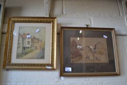 Two watercolour street scenes, framed and glazed
