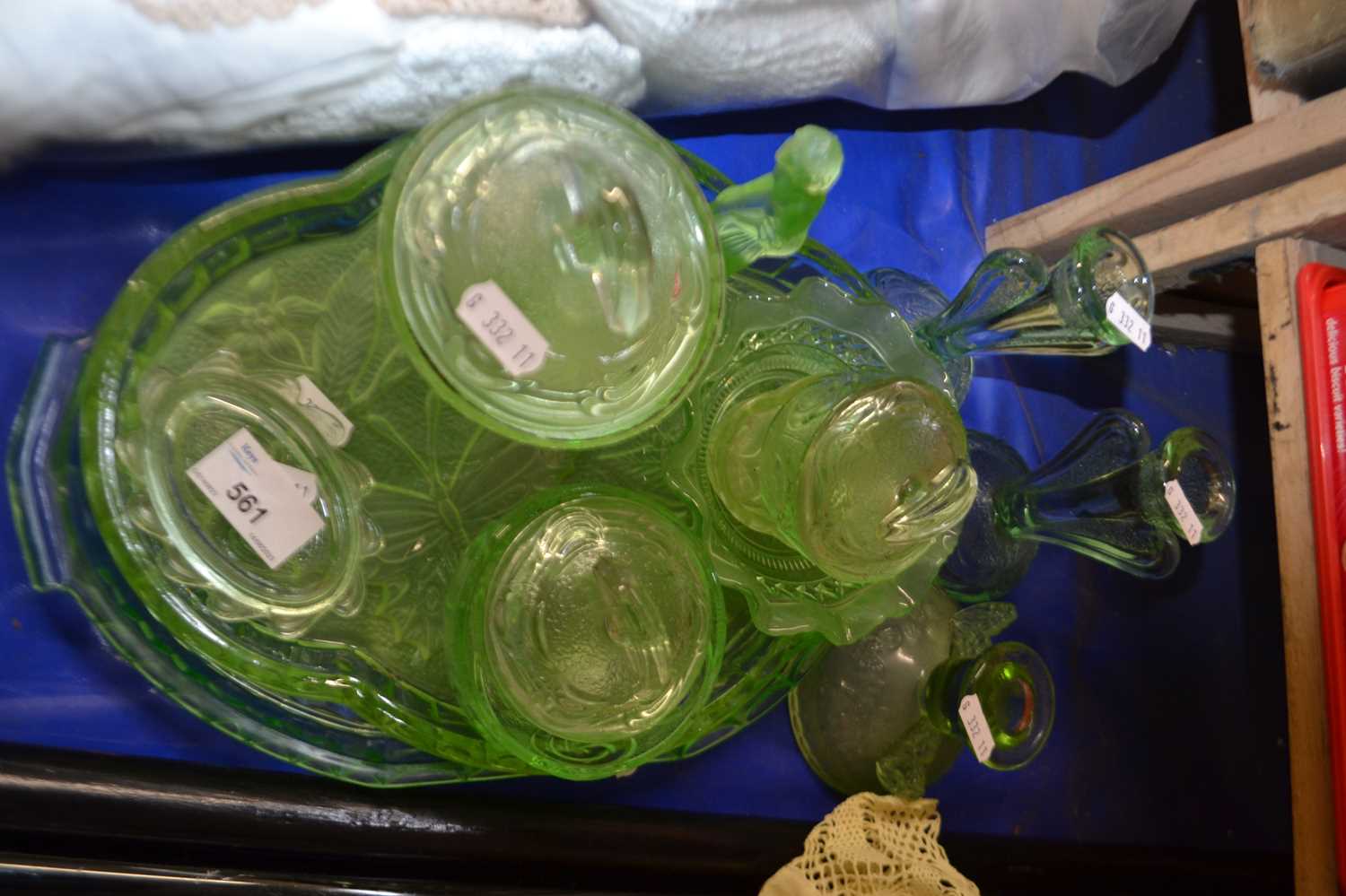 Quantity of green glass dressing table wares and others similar