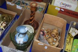 Two boxes of mixed items to include wooden candlestick, bedside clock, assorted curtain rings etc