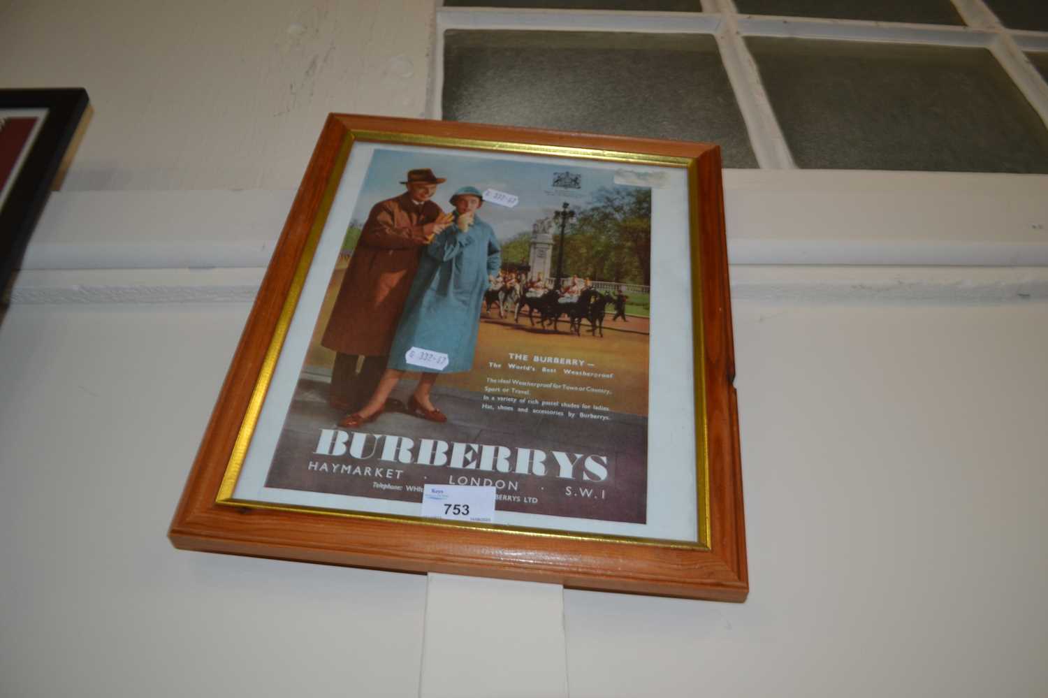 Burberry reproduction advertising print in pine frame