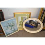 Cream painted oval framed wall mirror together with a print of roses and view of a cottage by a