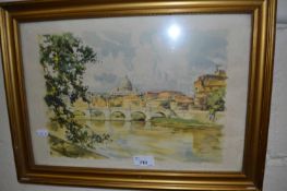 Continental river scene, framed and glazed