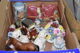 One box of various assorted ornaments to include porcelain flowers, Staffordshire dogs etc