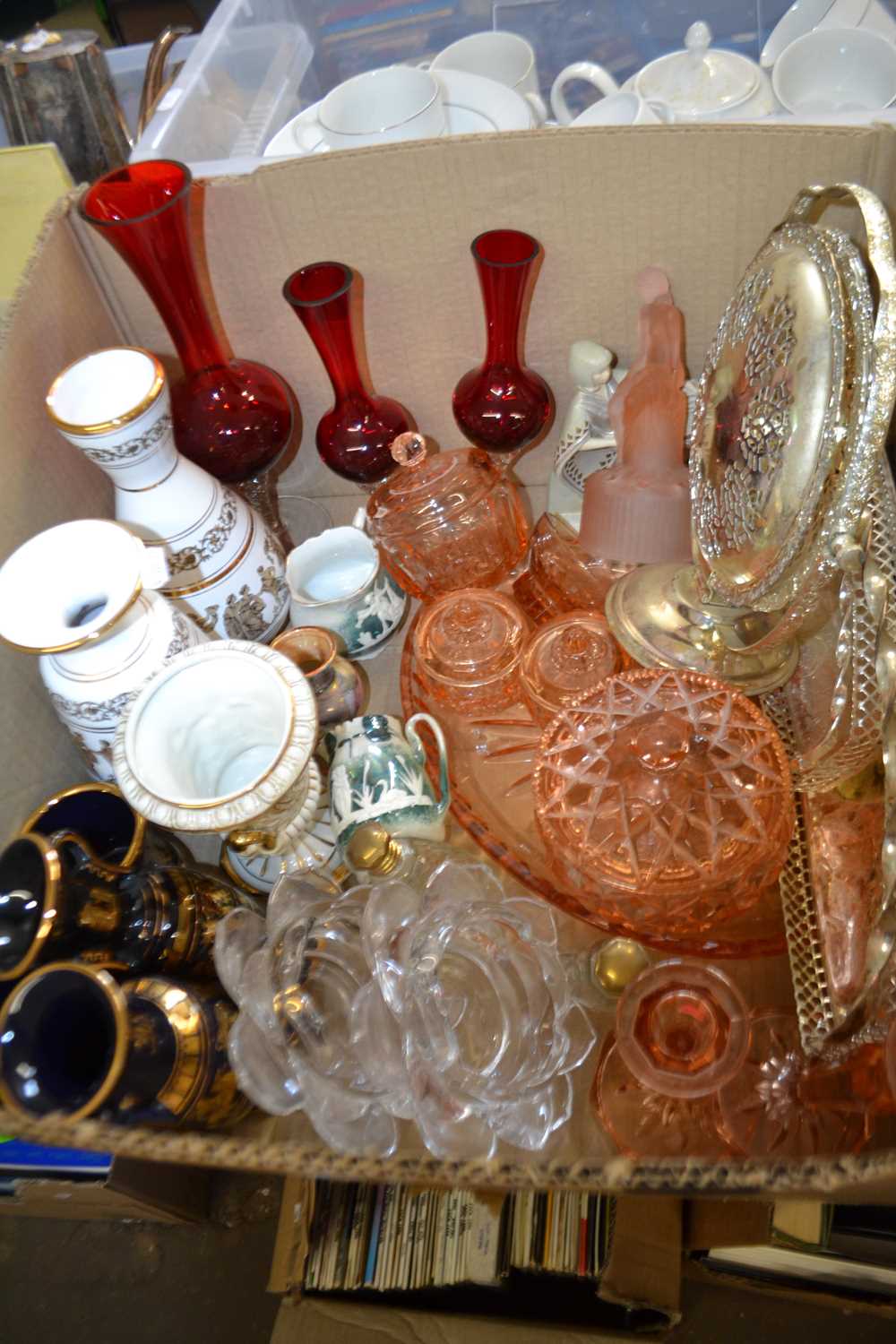 Mixed Lot: Pink glass dressing table set, red glass vases, metal wares and other ceramics