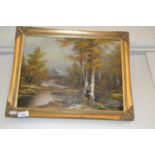 Woodland river and mountainous scene, oil on canvas in gilt frame