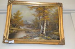 Woodland river and mountainous scene, oil on canvas in gilt frame