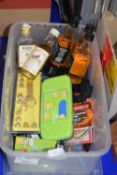 Box of modern miniature bottles of whisky and other assorted items