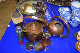 Mixed Lot: Copper kettle, copper watering can, various ornaments, hip flask etc
