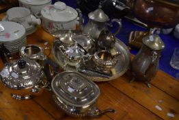 Mixed Lot: Various silver plated tea wares, serving trays and other assorted items