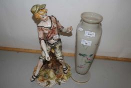 19th Century opaque glass vase decorated with arum lilies together with a Capodimonte figure (2)