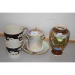 Mixed Lot: Japanese Satsuma vase, hunting sprig decorated mugs etc