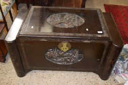 20th Century Chinese camphor wood blanket box with carved decoration, 100cm wide