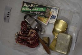 Box of various mixed items to include vester case, brass caddy spoon and other assorted items