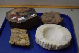 Mixed Lot: Sections of petrified wood, polished stone ashtray etc
