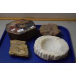 Mixed Lot: Sections of petrified wood, polished stone ashtray etc