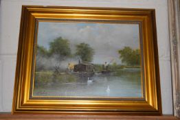Contemporary school study of a riverside scene with boats, indistinctly signed, oil on canvas,