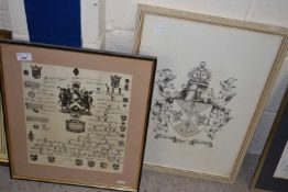Monochrome print heraldic shield together with a further framed family tree