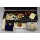 Small lacquered box containing various assorted costume jewellery