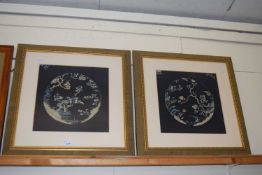 Pair of Chinese circular needlework pictures of flowers and bridges, gilt framed and glazed