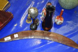 Mixed Lot: Tourist ware boomerang, various vases, modern Chinese figure, an apple shaped storage box